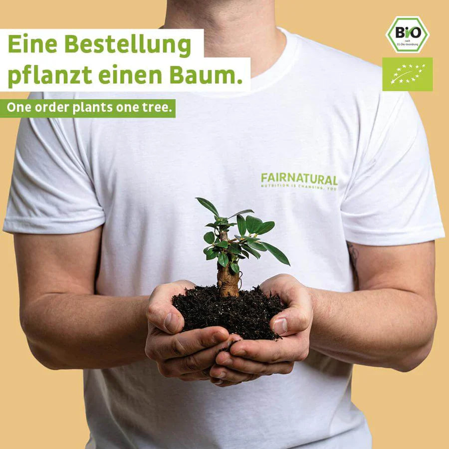 Zutatenliste der Fairnatural Proteinpulver Verpackung, zeigt natürliche Komponenten für eiweißreiche Ernährung