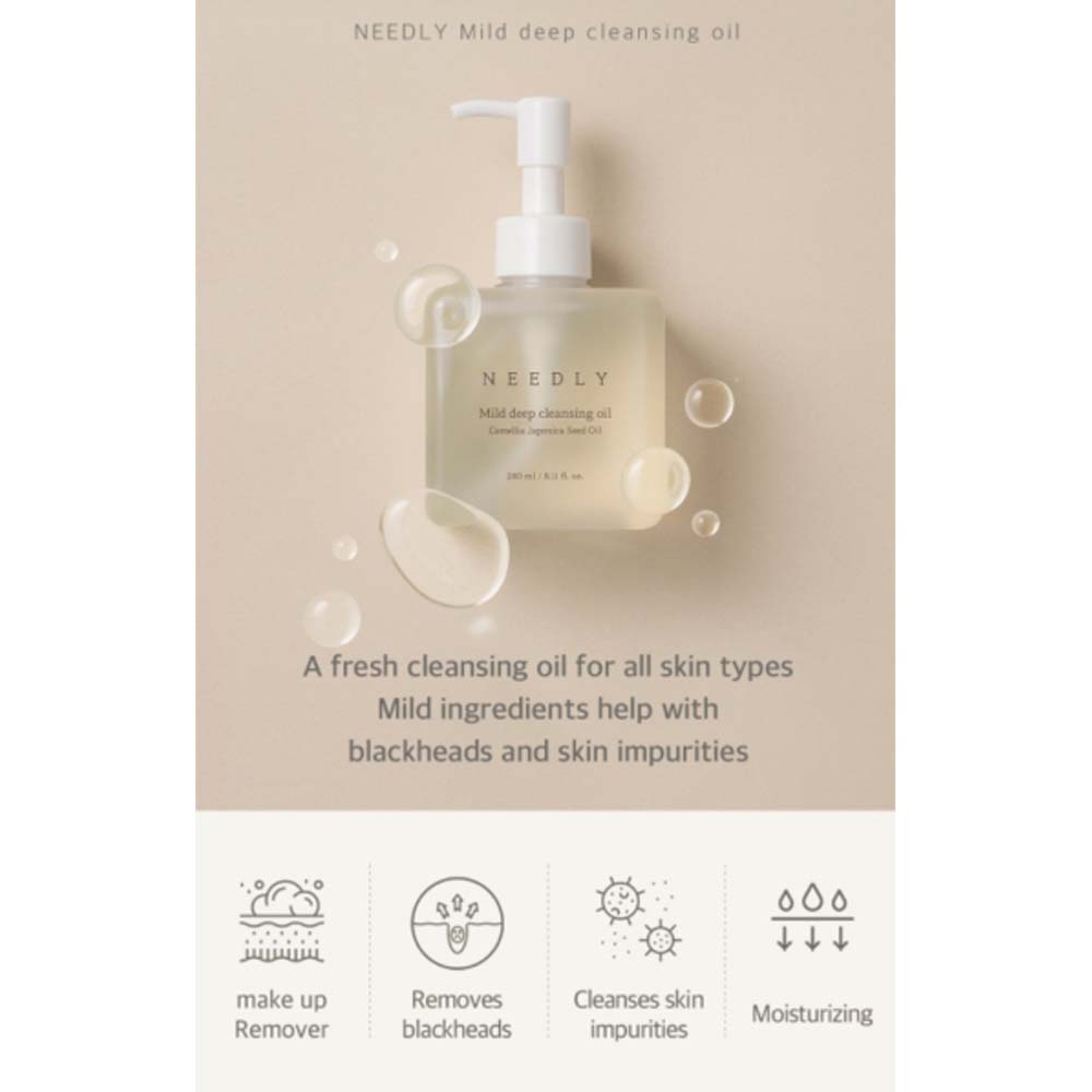 Anwendung des NEEDLY Mild Deep Cleansing Oil zur mühelosen Entfernung von Makeup und Unreinheiten.