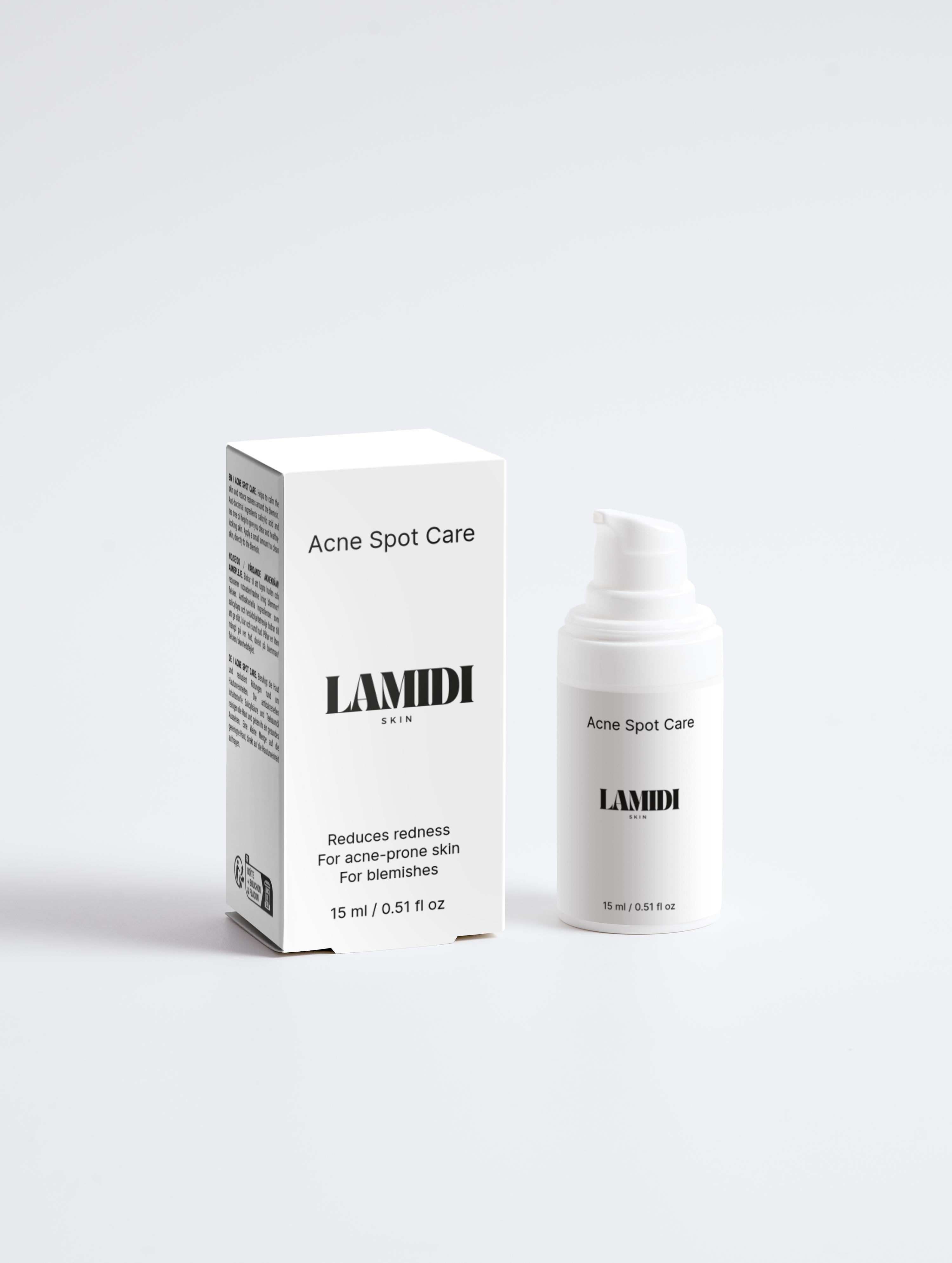 Akne Spot Care von Lamidibeauty mit Salicylsäure in ansprechender Verpackung, ideal gegen Hautunreinheiten.