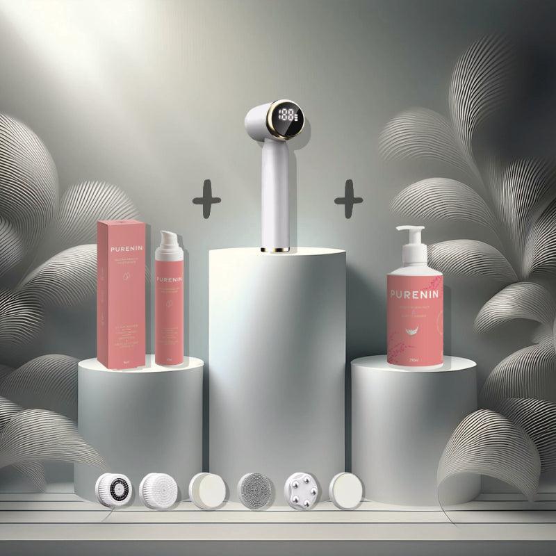 Die Purenin Gesichtsbürste während der Anwendung mit einem Peelingprodukt für bessere Ergebnisse