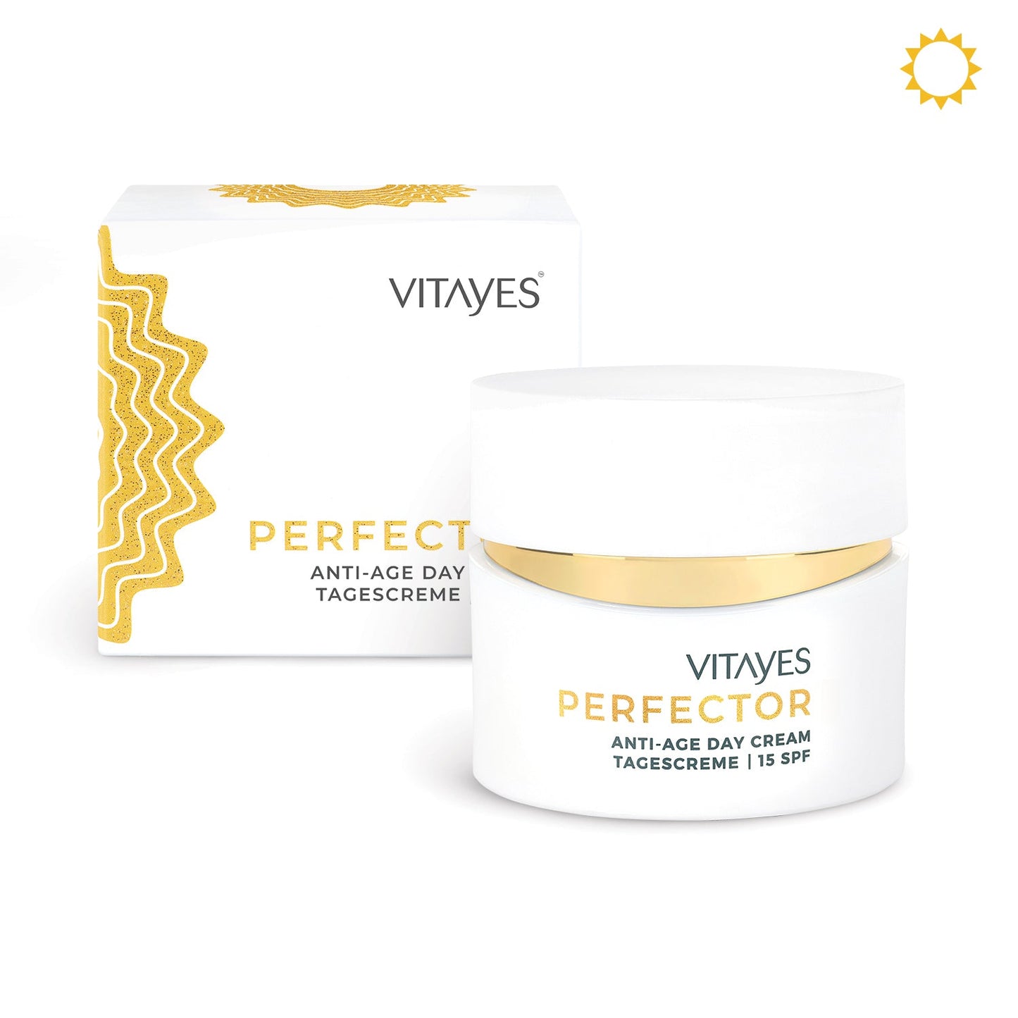 Perfector Glow Day Cream SPF15 in elegantem Tiegel mit goldenen Akzenten von Vitayes für strahlende Haut.