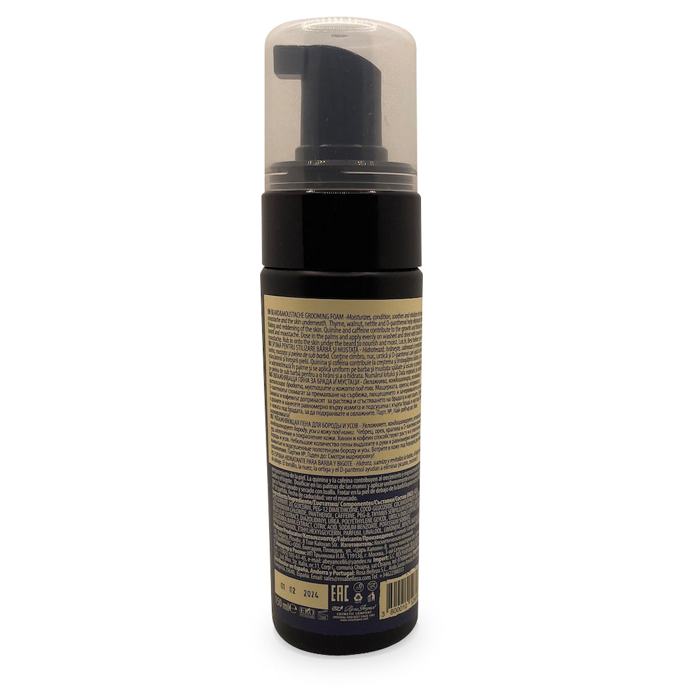 Detailaufnahme der Verpackung des Männerboxx Pflegeschaums für Bartpflege und Moustache Pflege.