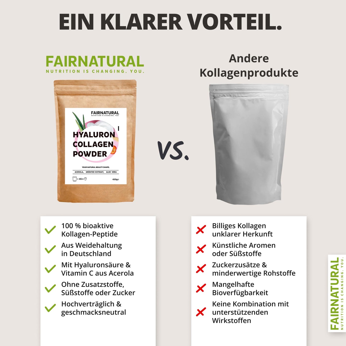 Verpackung des Kollagen Hyaluron Pulvers, dekoriert mit frischen Zutaten für Gesundheit und schöne Haut.