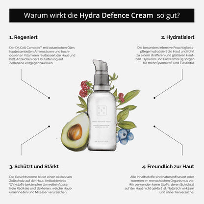 Nahaufnahme der Hydra Defence Cream zeigt die reichhaltige, trockene Formel mit Hyaluronsäure.