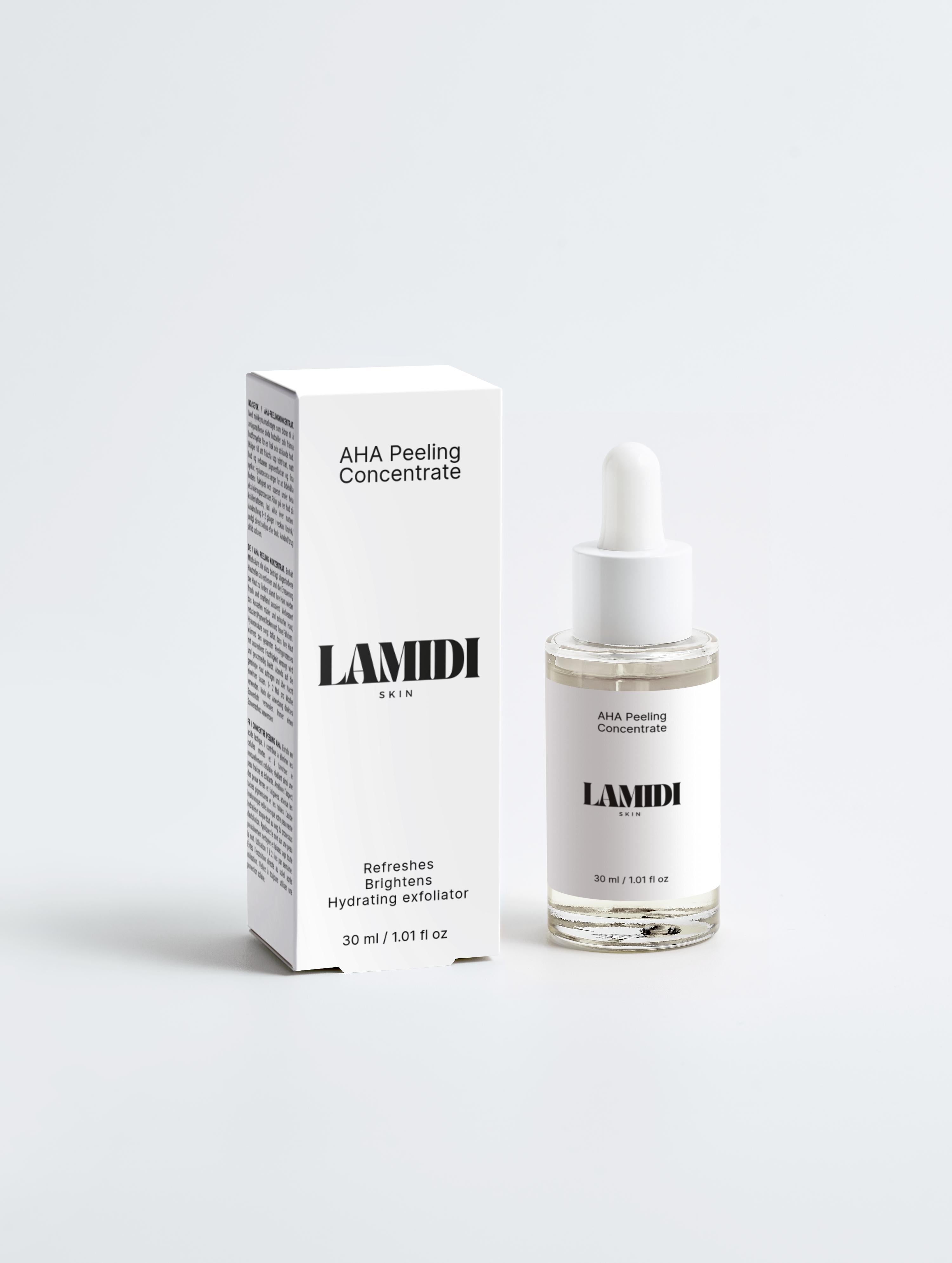 AHA Peeling Concentrate für strahlende Haut in eleganter Flasche von Lamidibeauty.