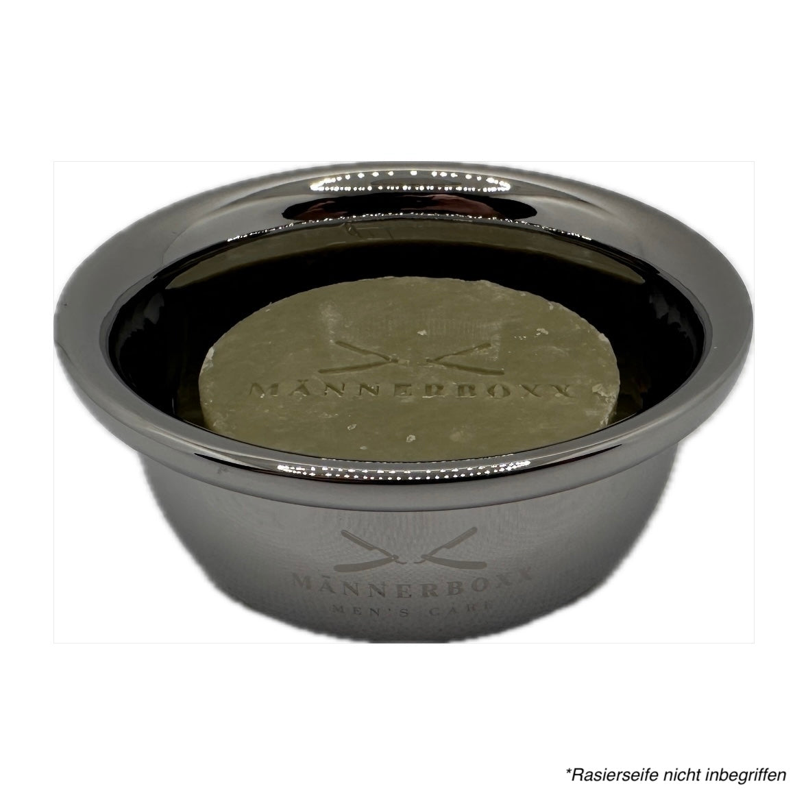 Detailaufnahme der Rasierschale mit schimmerndem Finish, ideal für Rasur Zubehör bei Männern.