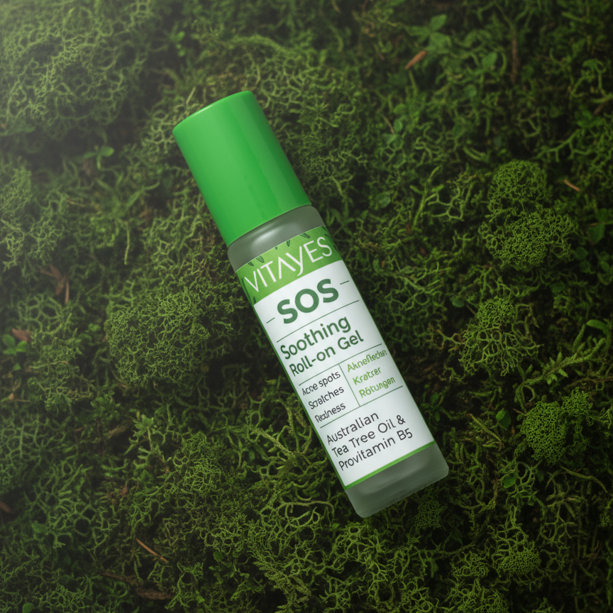 Verpackungsdesign des Teebaumöl SOS Serums, ästhetisch ansprechend und informativ für den Käufer.