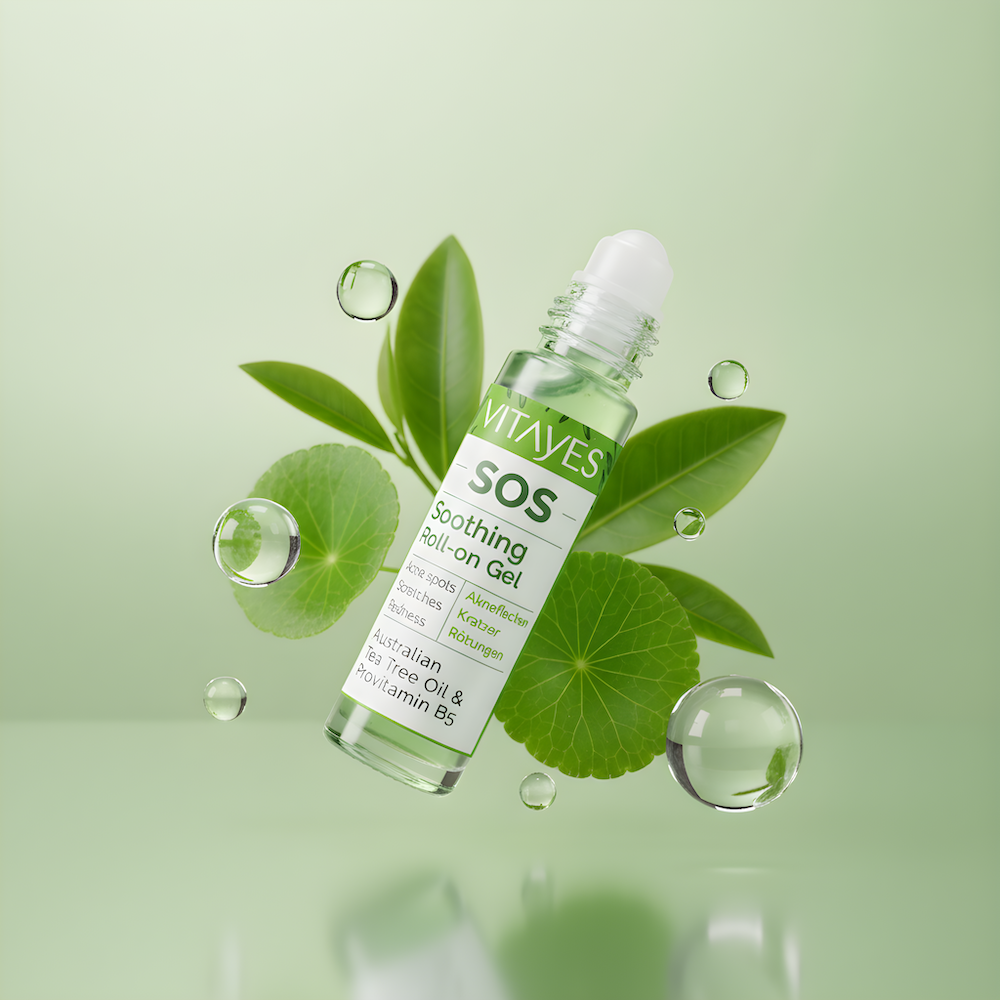 Teebaumöl ohne Unreinheiten im Vordergrund, symbolisiert die Ergebnisse der Anwendung des Serums.