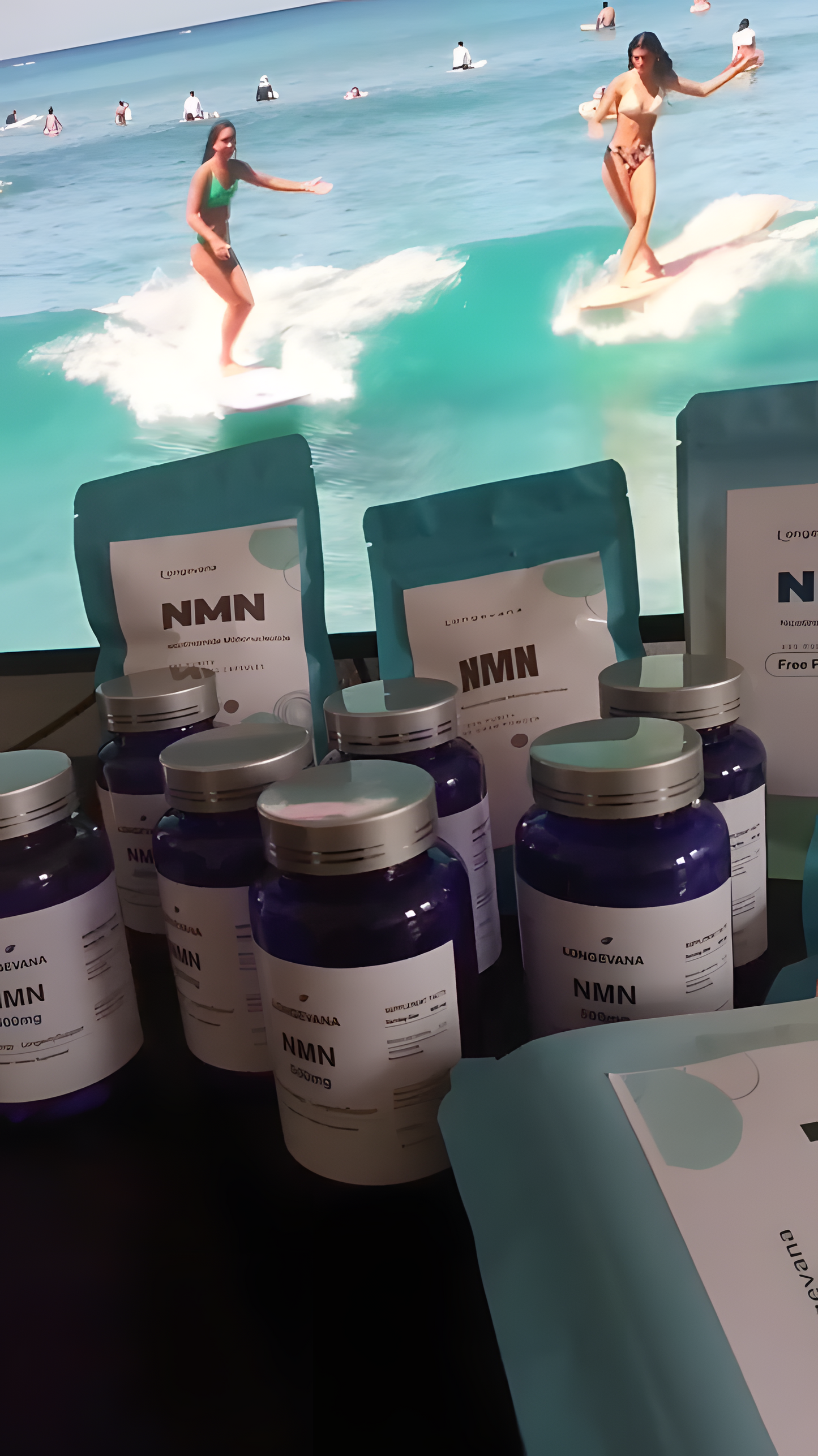 Lebendige Darstellung von Longevana NMN 500mg neben frischen Zutaten für Vitalität