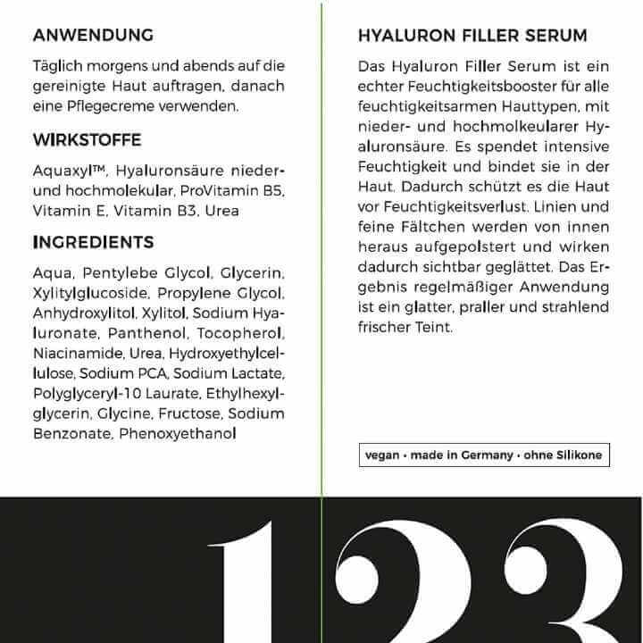 Sicht auf die Rückseite der Verpackung des ekovita Hyaluron Serums, zeigt Inhaltsstoffe und Anwendungshinweise.