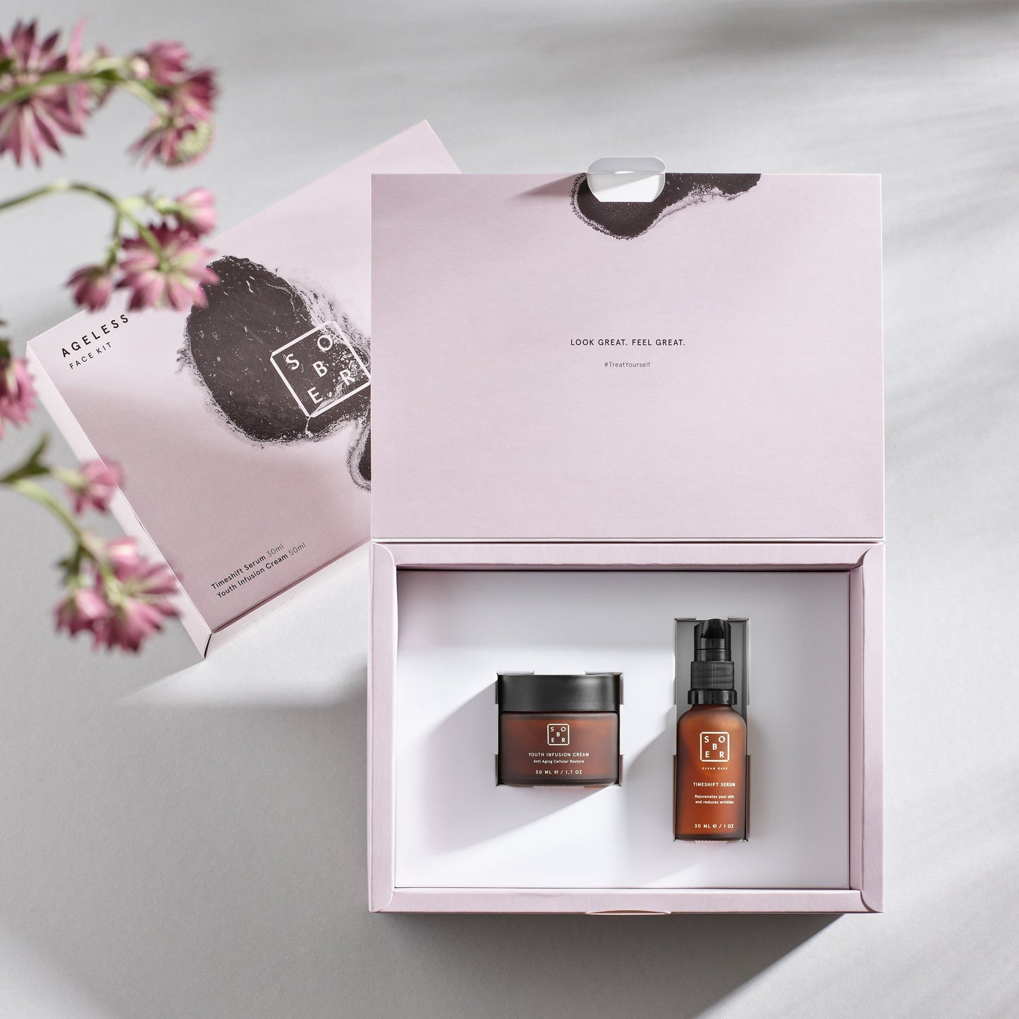 Detailansicht des Ageless Face Kits mit veganer Formel zur Faltenreduzierung.