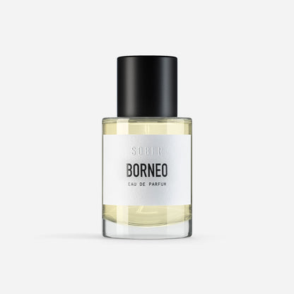 Flasche des Borneo Eau de Parfum von Ekovita in stilvollem Design, veganer Unisex Duft von sober.