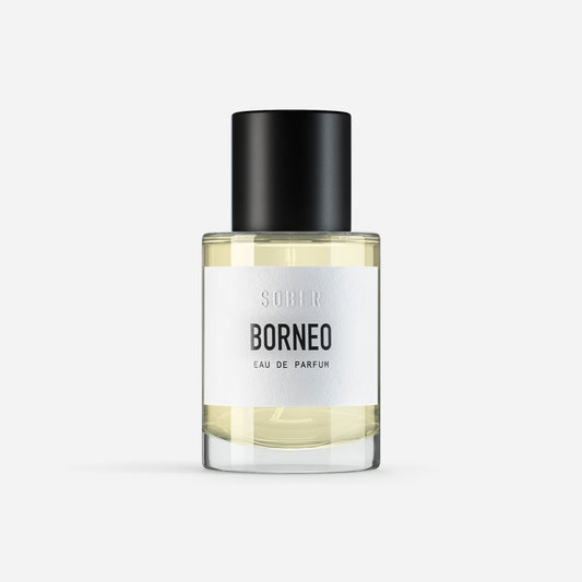 Flasche des Borneo Eau de Parfum von Ekovita in stilvollem Design, veganer Unisex Duft von sober.