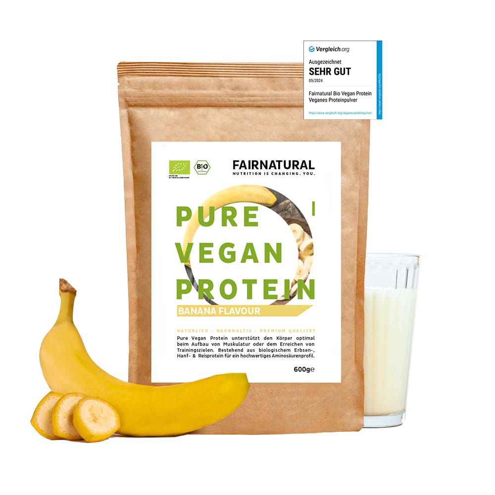 Premium Bio veganes Proteinpulver Banane von Fairnatural, ideal für proteinreiche Fitness Ernährung.