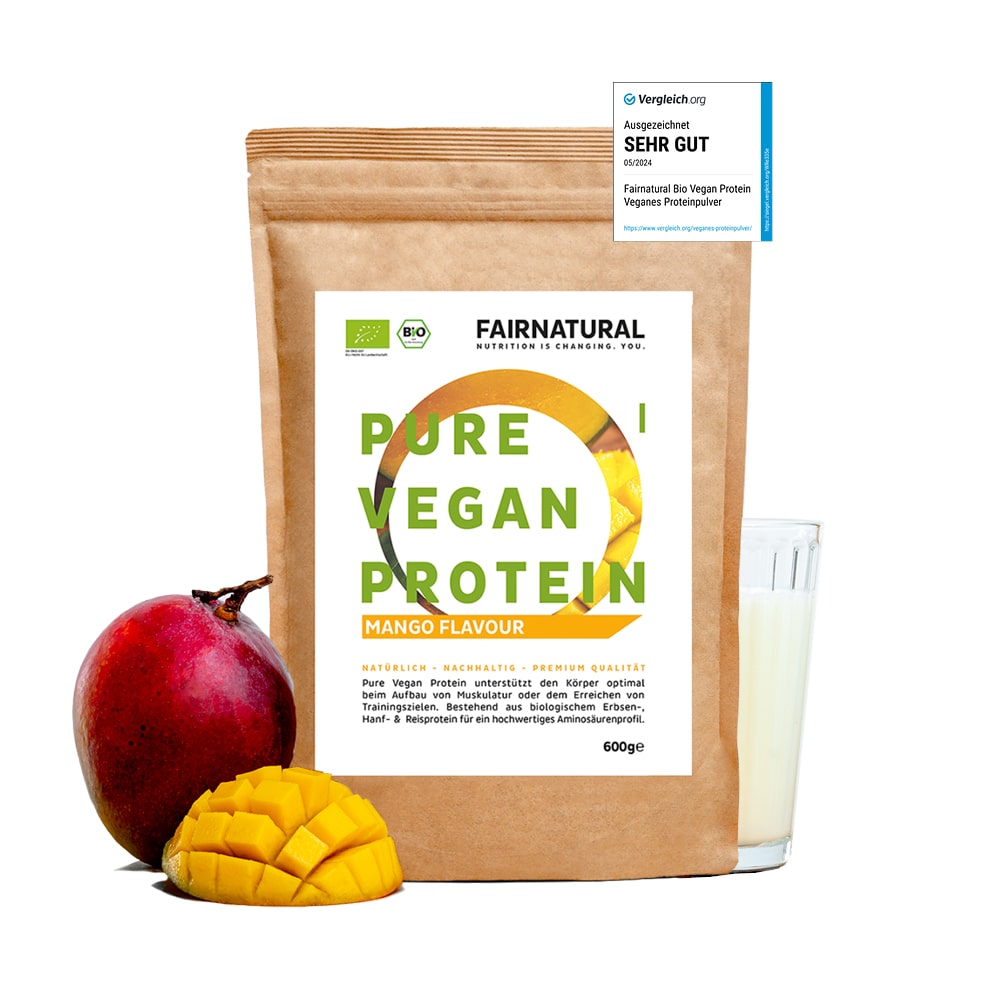 Bio veganes Proteinpulver Mango von Fairnatural® in hochwertiger Verpackung für Muskelaufbau.