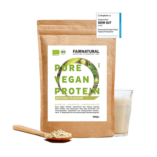 Bio Veganes Proteinpulver von Fairnatural® in der Verpackung, hochwertiges Protein ohne Soja.