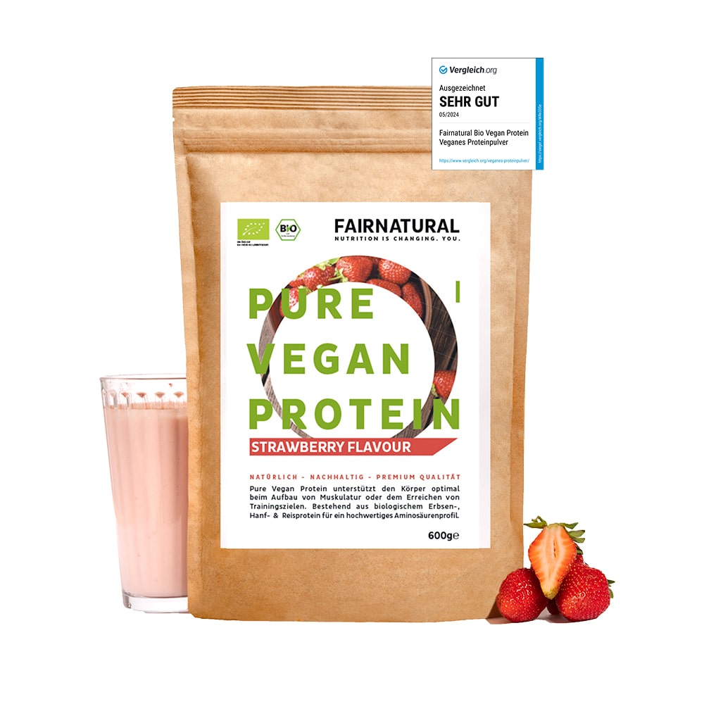 Bio veganes Proteinpulver Erdbeere in einer eleganten Verpackung von ekovita für Muskelaufbau