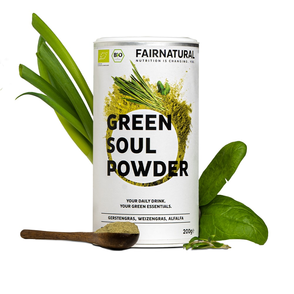 Premium Bio Green Smoothie Pulver in einer transparenten Verpackung, ideal für vegane Ernährung und Vitalstoffe.