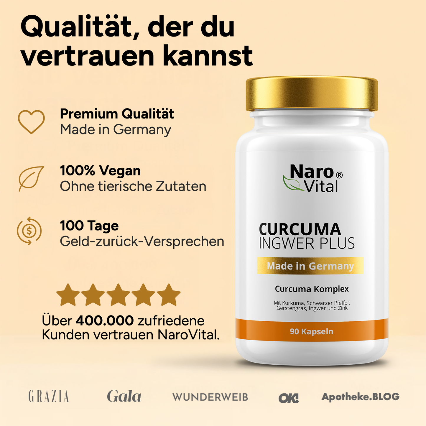 Die Inhaltsstoffe der Curcuma Ingwer Plus Kapseln auf der Verpackungsrückseite erläutert.