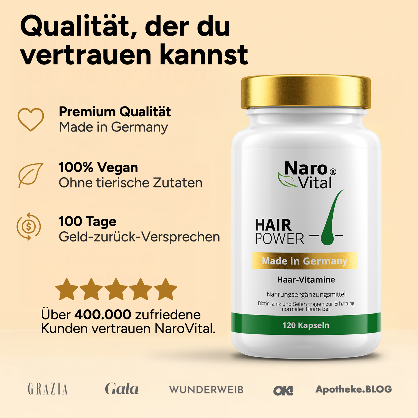 Verpackung der NaroVital Haar Vitamine, die für sichtbar glänzendes Haar sorgt.