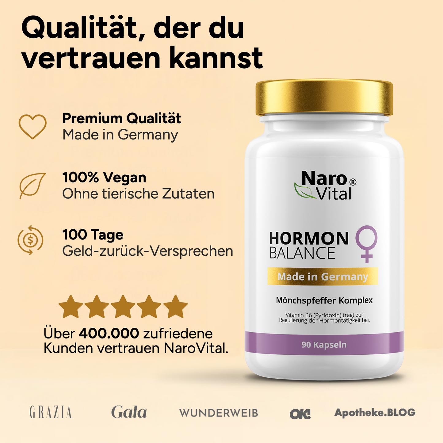 Produktinformation des Hormon Balance Komplex auf der Rückseite der Verpackung.