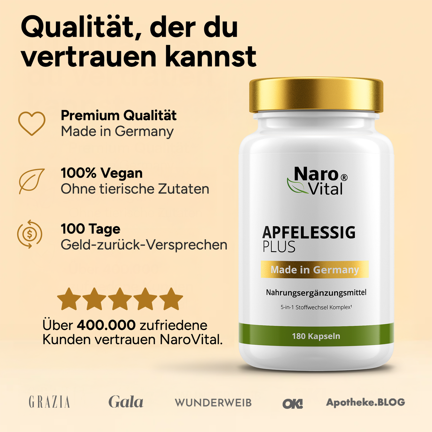 Öffnete Flasche von NaroVital Apfelessig Plus, zeigt die natürliche Farbe des Essigs.