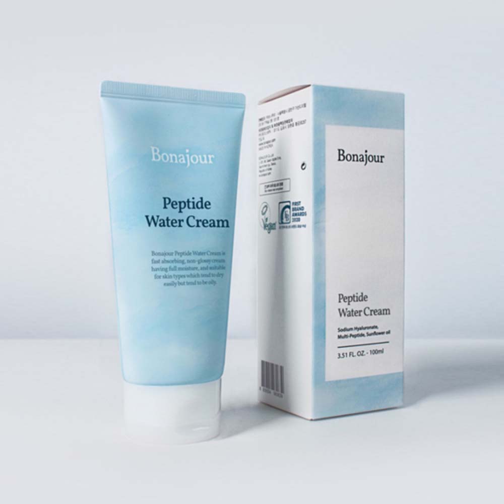 Verpackung der Bonajour Peptide Water Cream mit Angaben zu Inhaltsstoffen und Anwendungshinweisen.