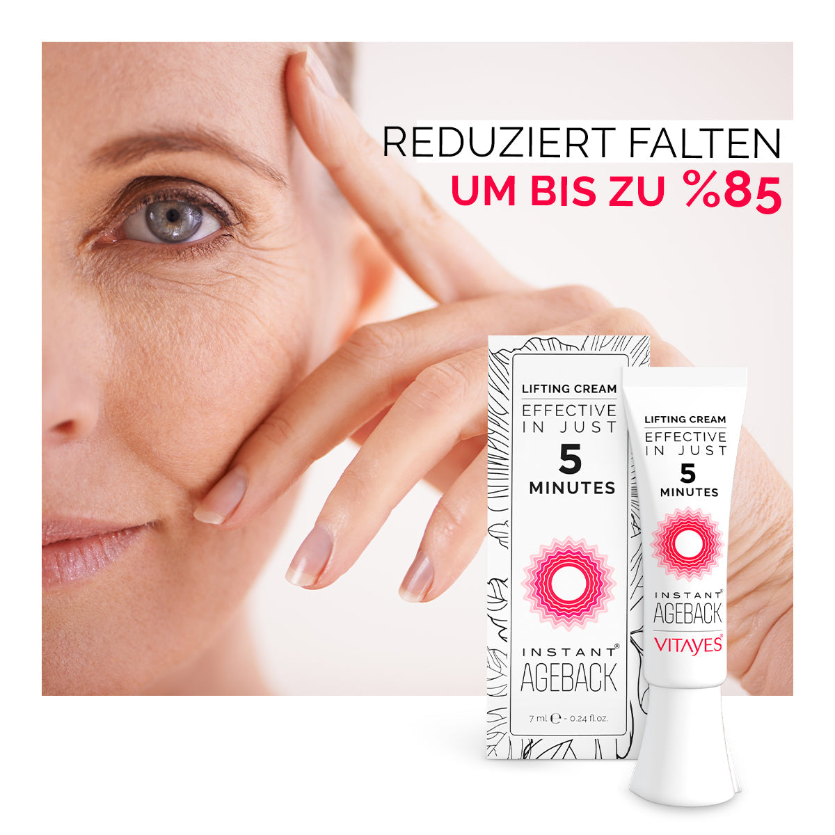 Anwendung der Lifting-Creme auf einer Hand, sichtbar feuchtigkeitsspendend.