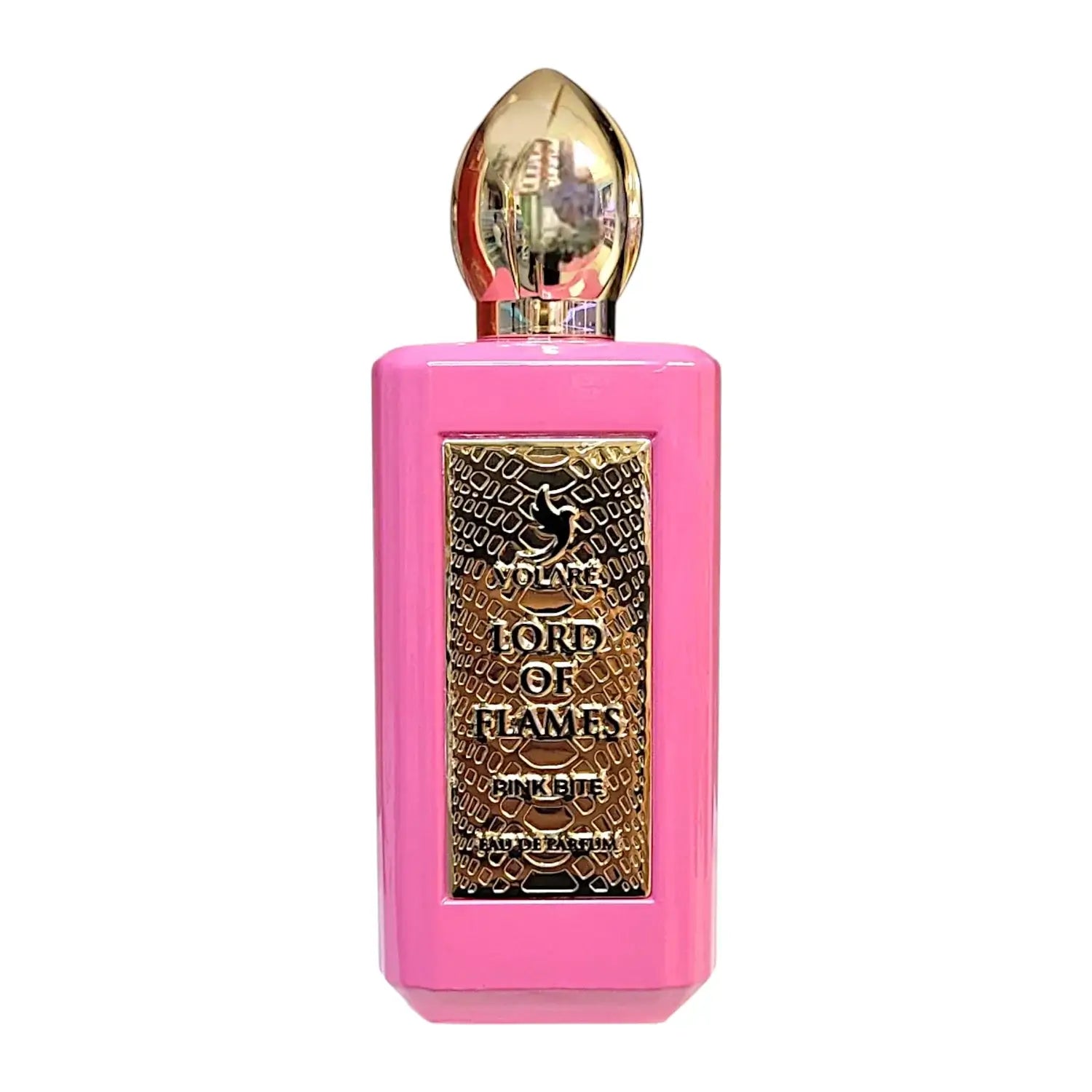 Volare Lord of Flames Pink Bite Eau de Parfum vor einem attraktiven Hintergrund, symbolisiert Luxus und Stil.