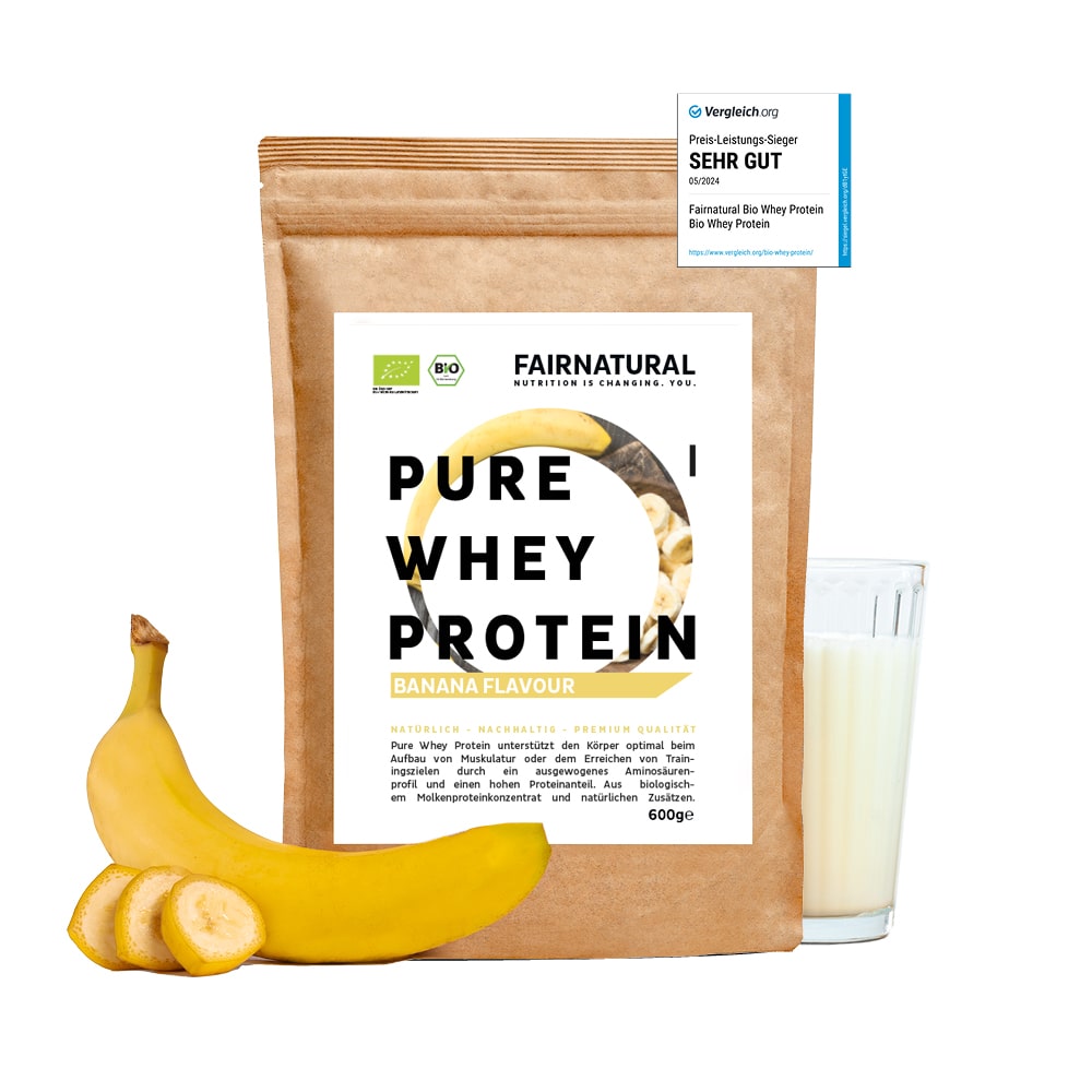 Bio Whey Protein Pulver mit Banane von ekovita in einer eleganten Verpackung, ideal für Muskelaufbau.