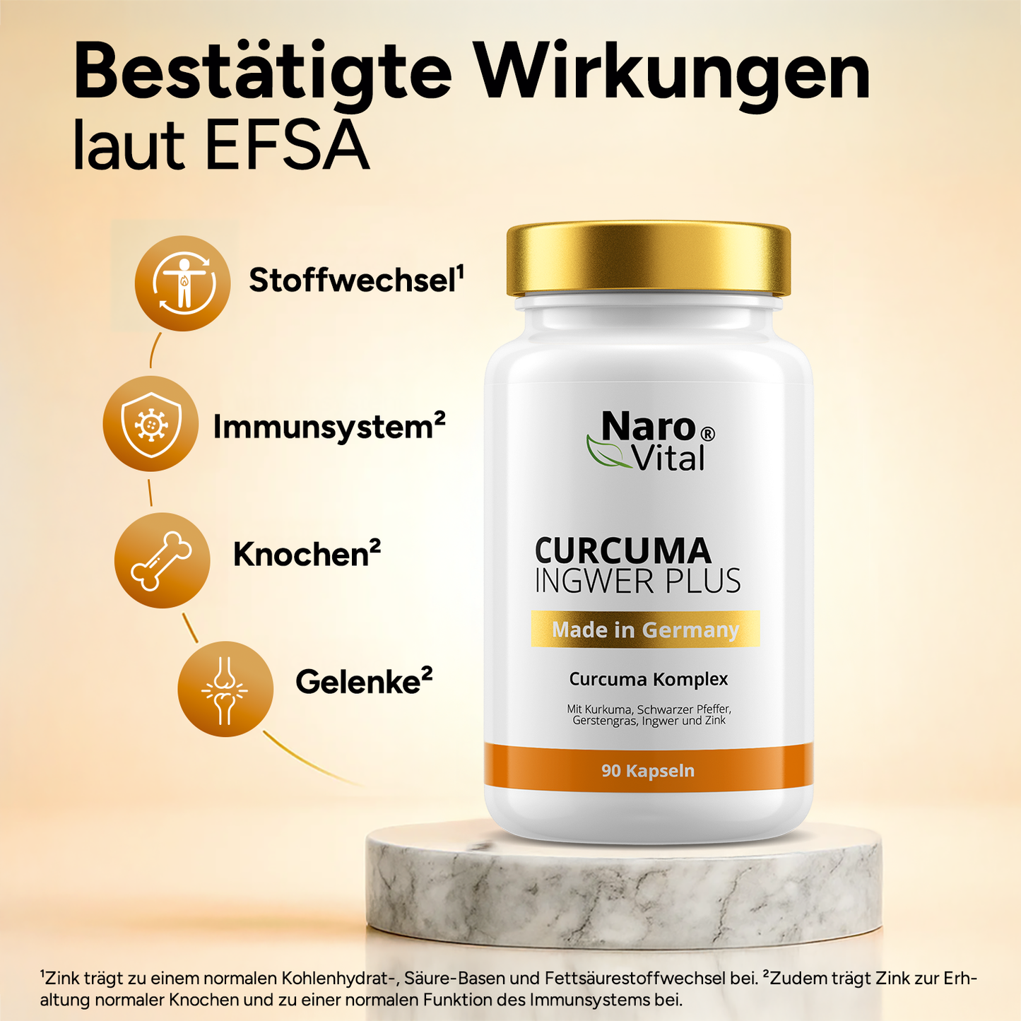 Curcuma Ingwer Kapseln auf einem Holztisch mit frischen Kräutern als Dekoration.