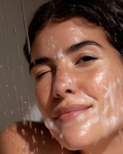 Anwendung des Dr. Noel Gesichtsreinigers, der sanft auf die Haut aufgetragen wird, ideal für tägliche Pflege.