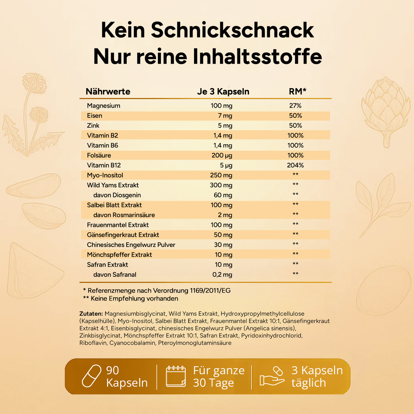 Hormon Balance – Frauen Komplex Packshot mit Fokus auf die Vitamin- und Mineralstoffzusammensetzung.