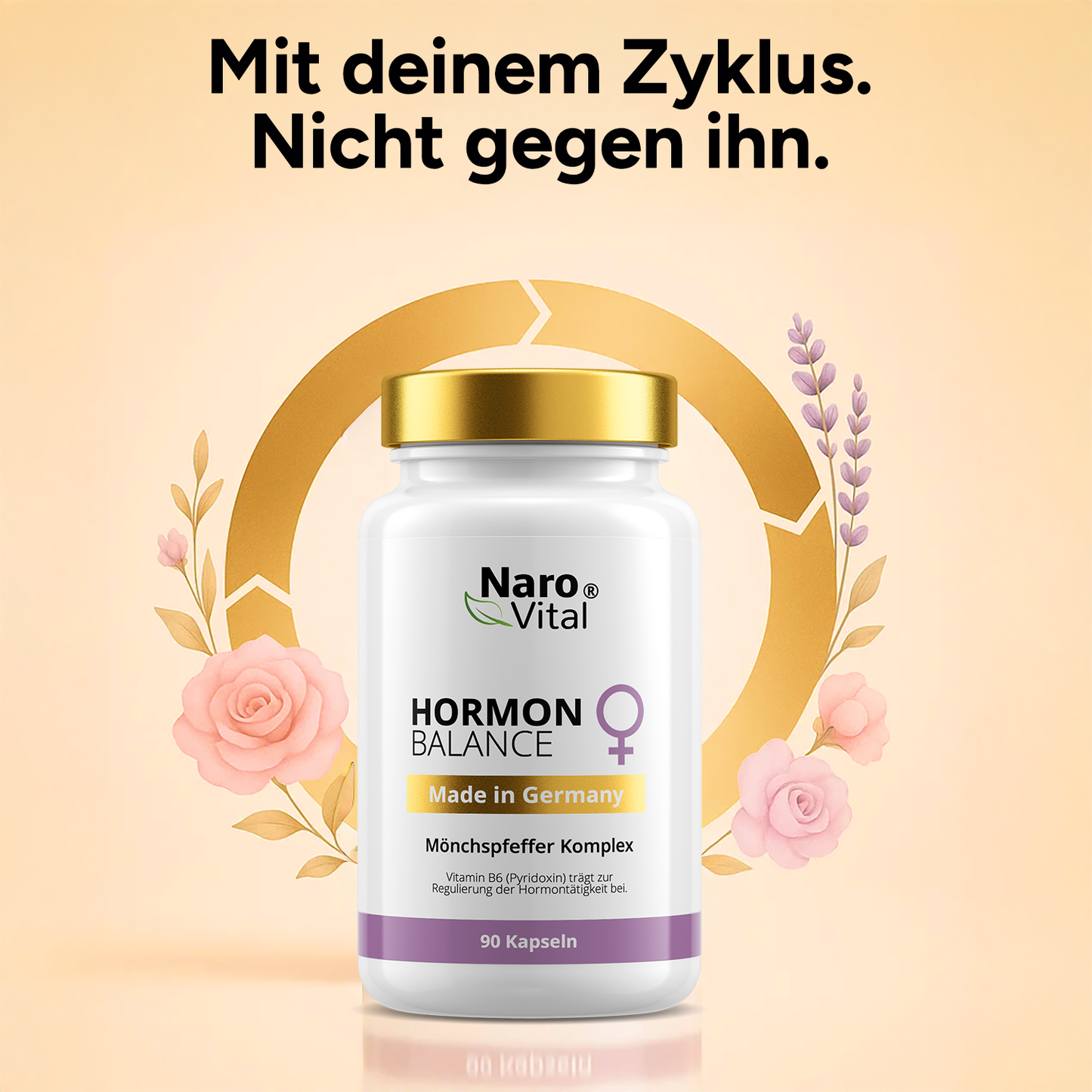 NaroVital Hormon Balance Premium Frauen Komplex auf einem Tisch, umgeben von Kräutern und Pflanzen.