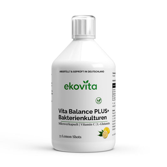 Vita Balance Plus Probiotik-Mix für eine gesunde Verdauung in einer eleganten Verpackung, vegan und mikroverkapselt.