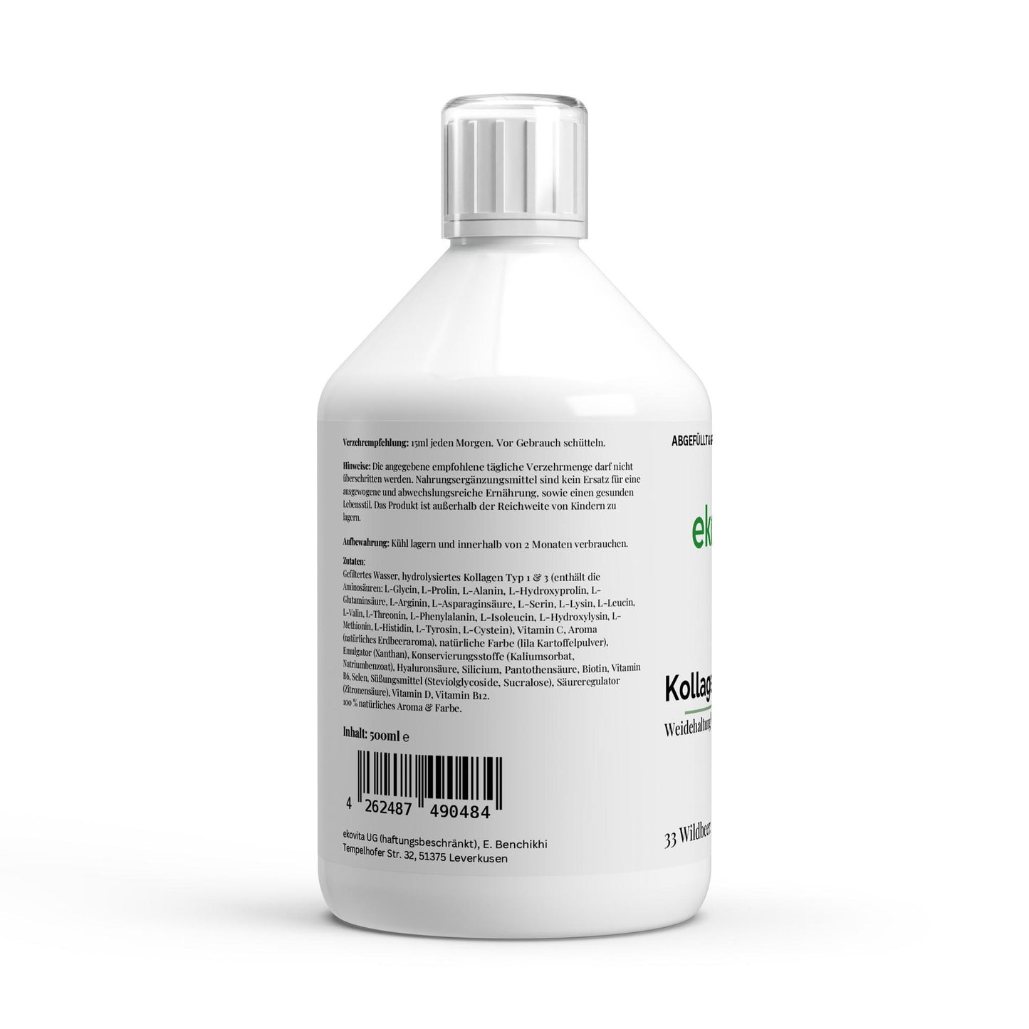 Verpackung der Kollagen Shots von ekovita, vegan und laborgeprüft für optimale Wirksamkeit.