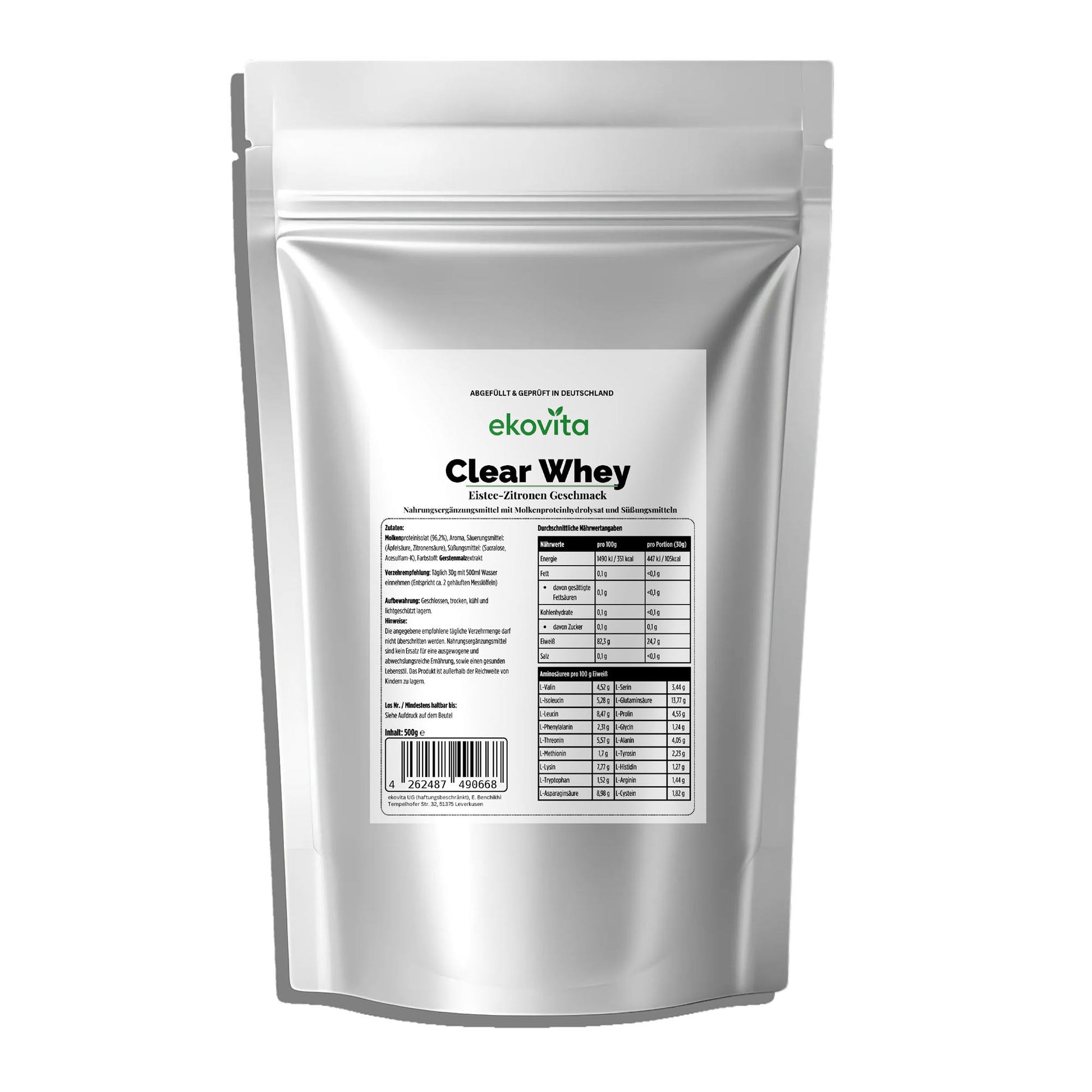 Clear Whey Protein Eistee Zitrone von ChanceToBrand, 500g Verpackung, hochwertiges Proteinpulver für die Muskelregeneration.