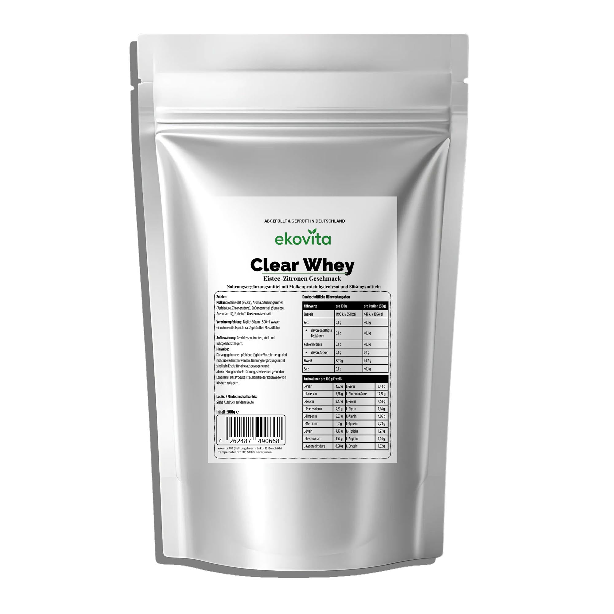 ekovita Clear Whey Protein Eistee Zitrone 500g - erfrischendes, kalorienfreies Proteinpulver von ChanceToBrand.