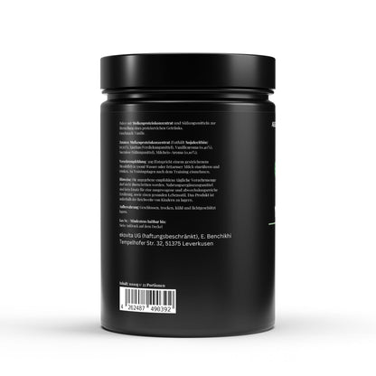 Detailaufnahme des Premium Whey Protein Vanille mit den Nährwertangaben und Zuckerfrei-Hinweis.