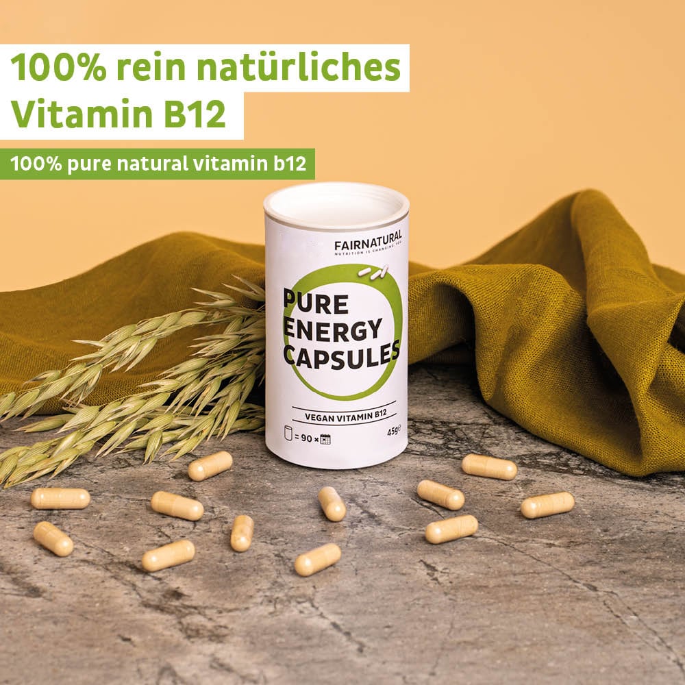 Nahaufnahme der Fairnatural® Vitamin B12 Kapseln, vegan und unterstützen das Nervensystem.