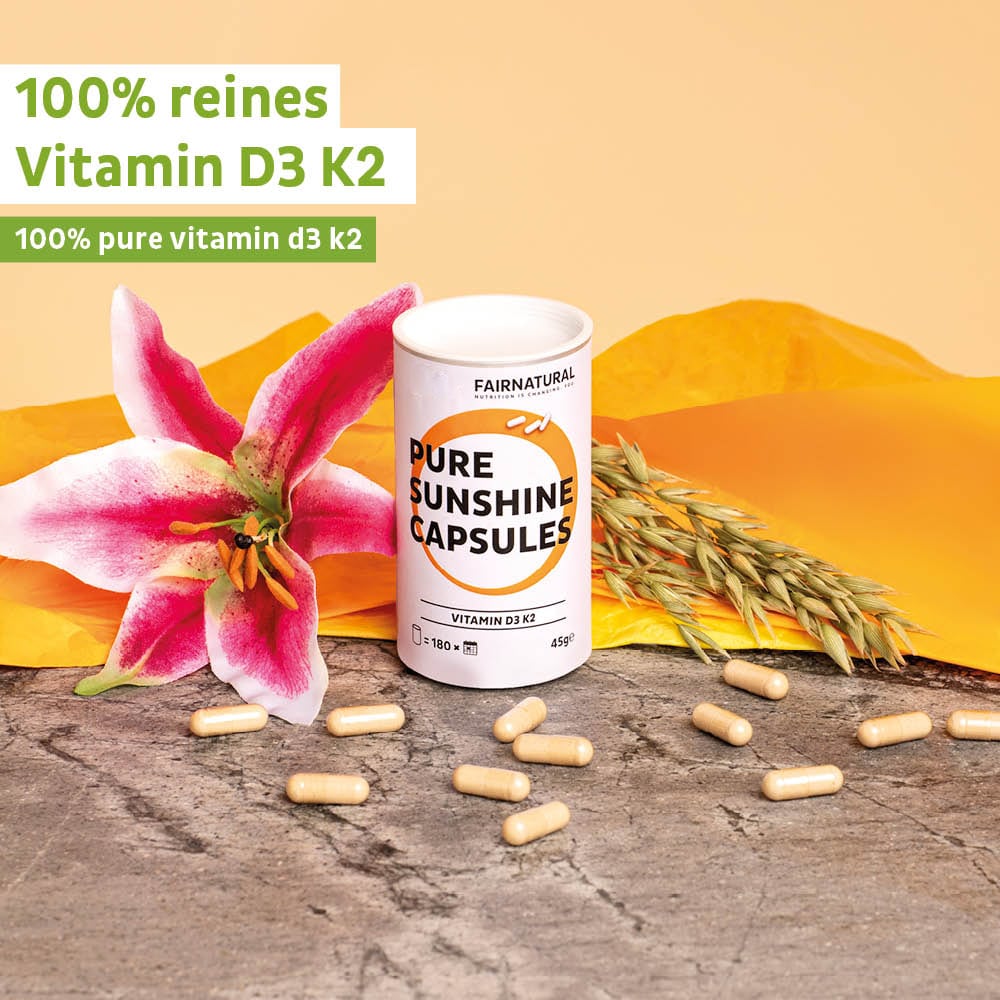 Verpackung der Vitamin D3 K2 Kapseln von ekovita mit klaren Anweisungen zur täglichen Einnahme.