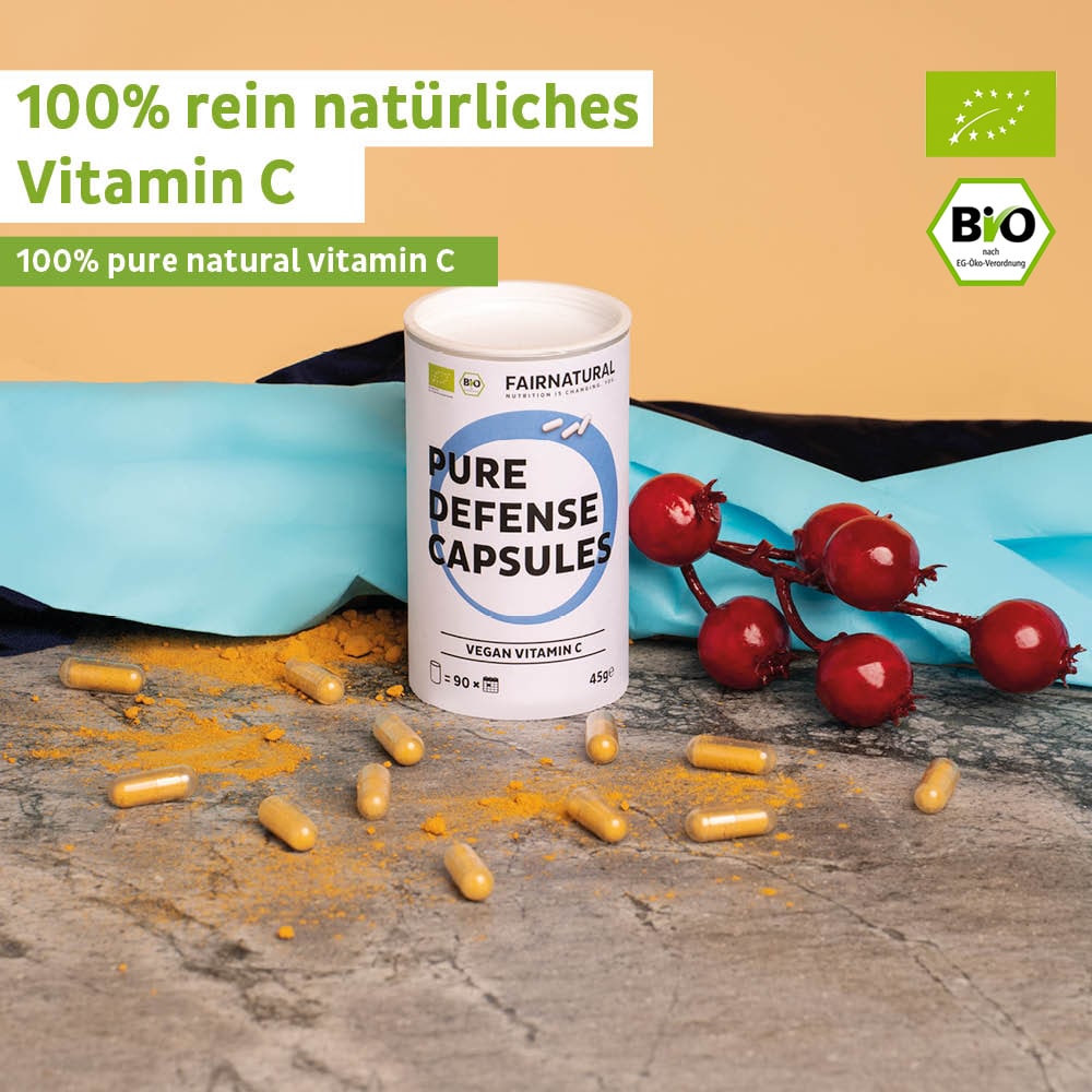 Detailansicht der Bio Vitamin C Kapseln, die die hochwertige Inhaltsstoffe zeigen.