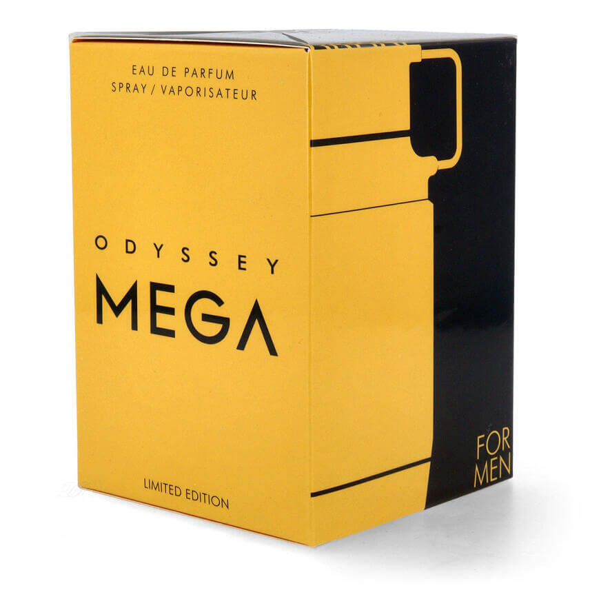 Detailansicht des Armaf Odyssey Mega Eau de Parfum Flakons mit eleganter Verpackung und markantem Design.