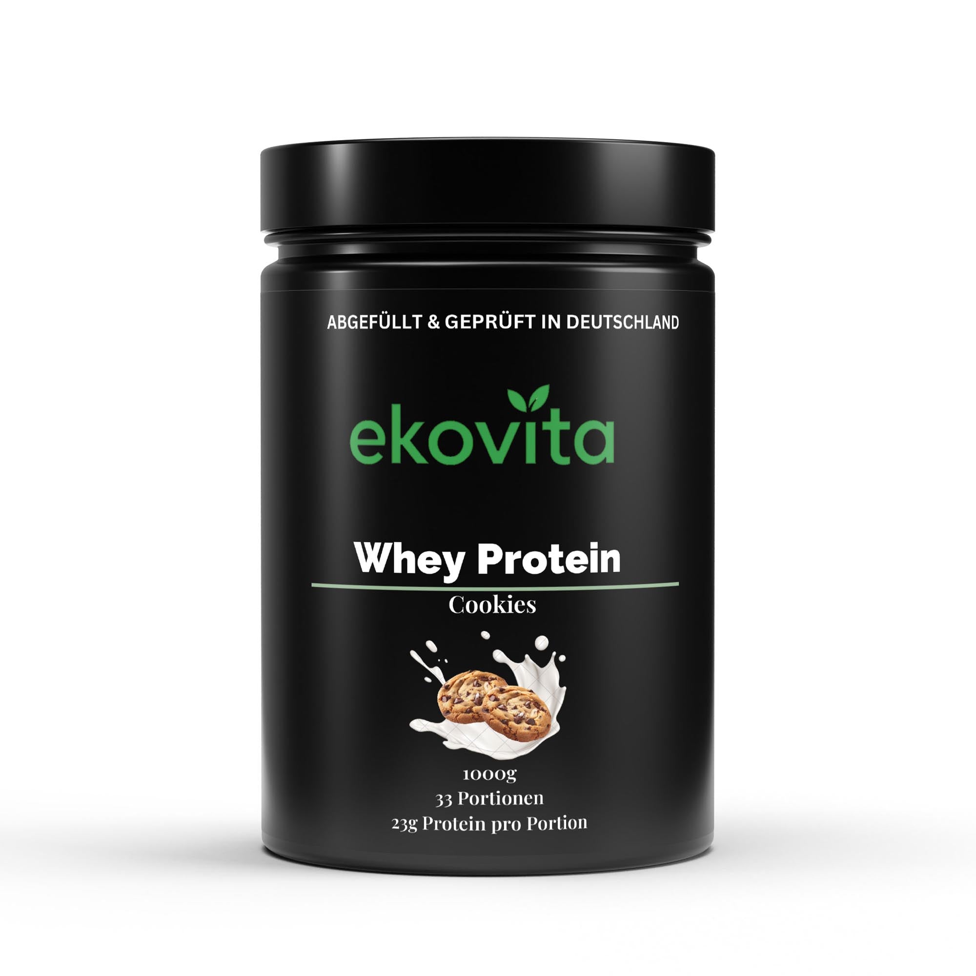 Leckere Whey Protein Cookies von Ekovita in einer attraktiven Verpackung, perfekt für Fitness Snacks.