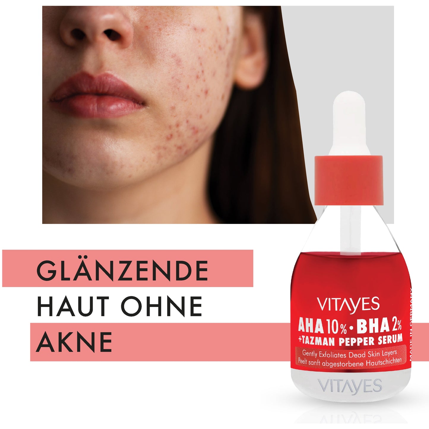 Die elegante Flasche des AHA Peeling-Serums von Vitayes, geeignet für vegane Hautpflege.