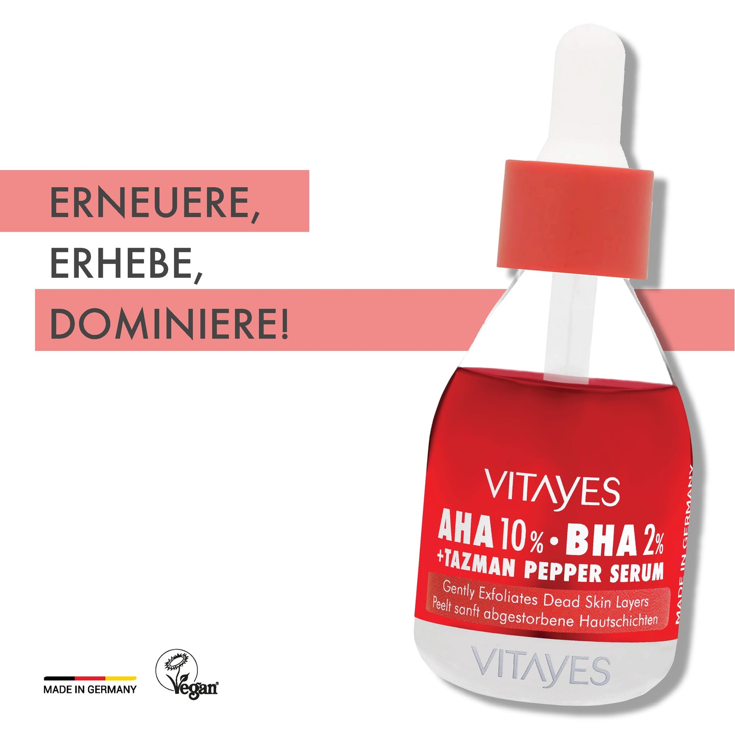 Nahaufnahme des AHA Peeling-Serums mit seinen wichtigen Inhaltsstoffen für die Hautpflege.