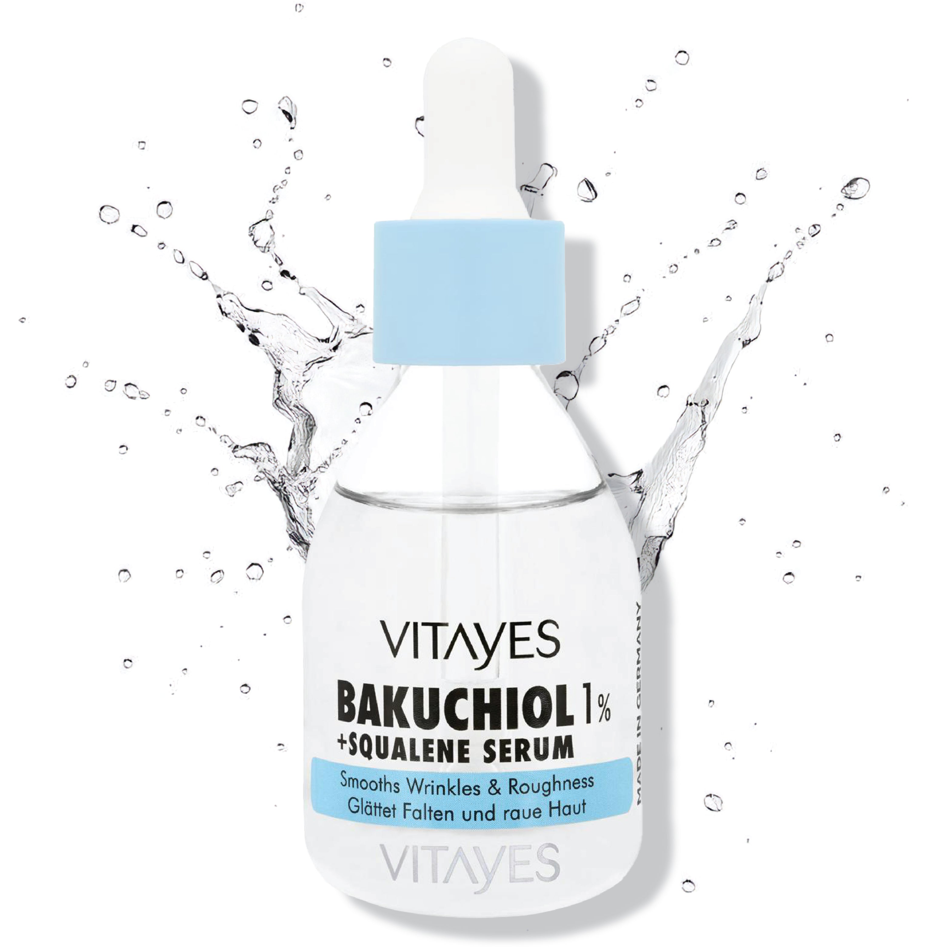 Bakuchiol Serum 1% + Squalan von ekovita im eleganten Glasflakon für vegane Hautpflege.