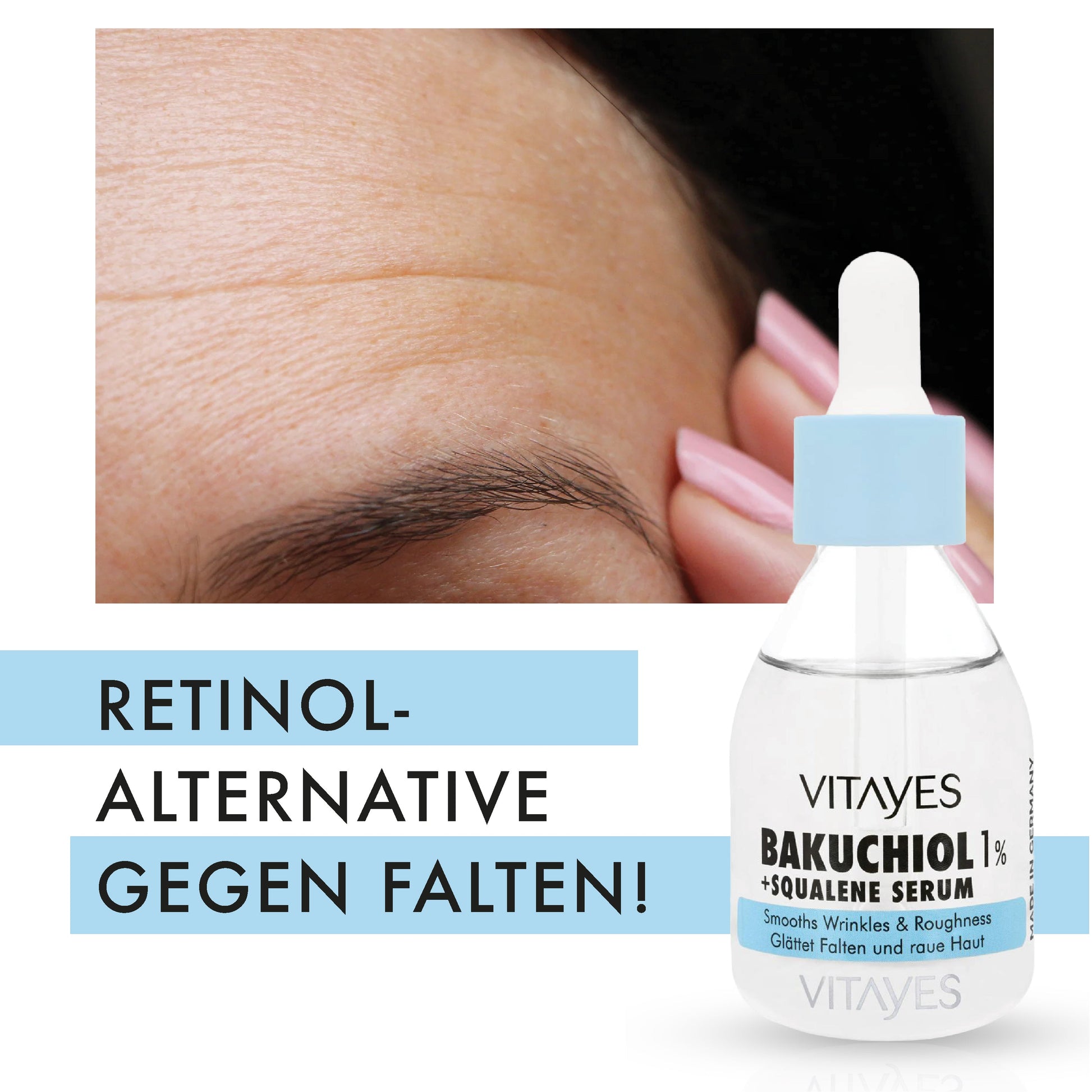 Detailansicht des veganen Bakuchiol Serums mit Squalan in handlicher Pipettenverpackung.