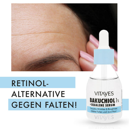 Detailansicht des veganen Bakuchiol Serums mit Squalan in handlicher Pipettenverpackung.