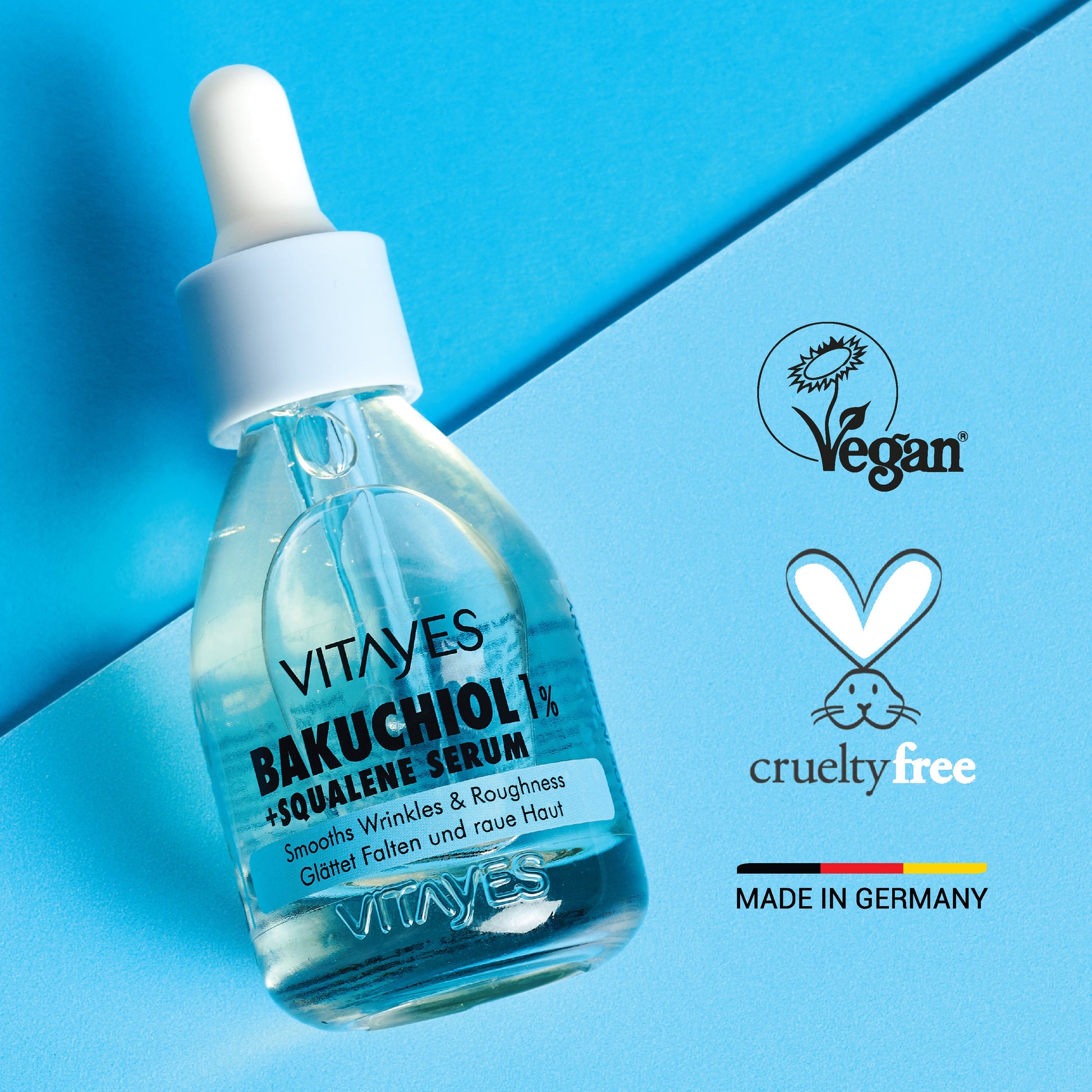 Anwendung des Bakuchiol Serums auf der Hand, perfekt für empfindliche Haut geeignet.